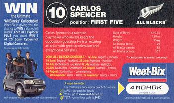 2004 Weet-Bix All Blacks Collector Series #10 Carlos Spencer Back